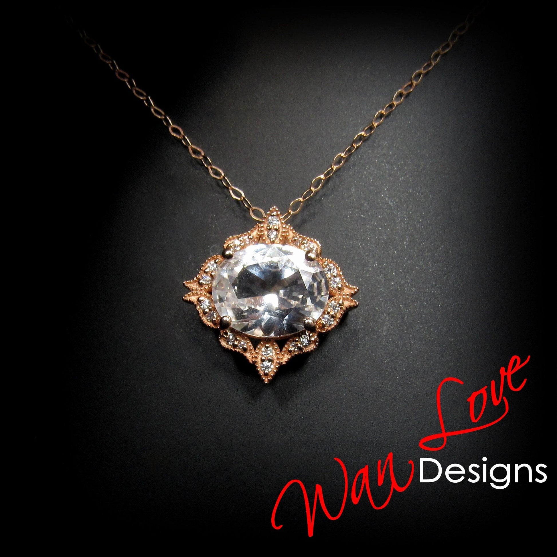 Art deco White Sapphire charm Necklace Unique vintage Moissanite halo Bridal pendant Oval cut floral Wedding Day Anniversary jewelry gift Wan Love Designs