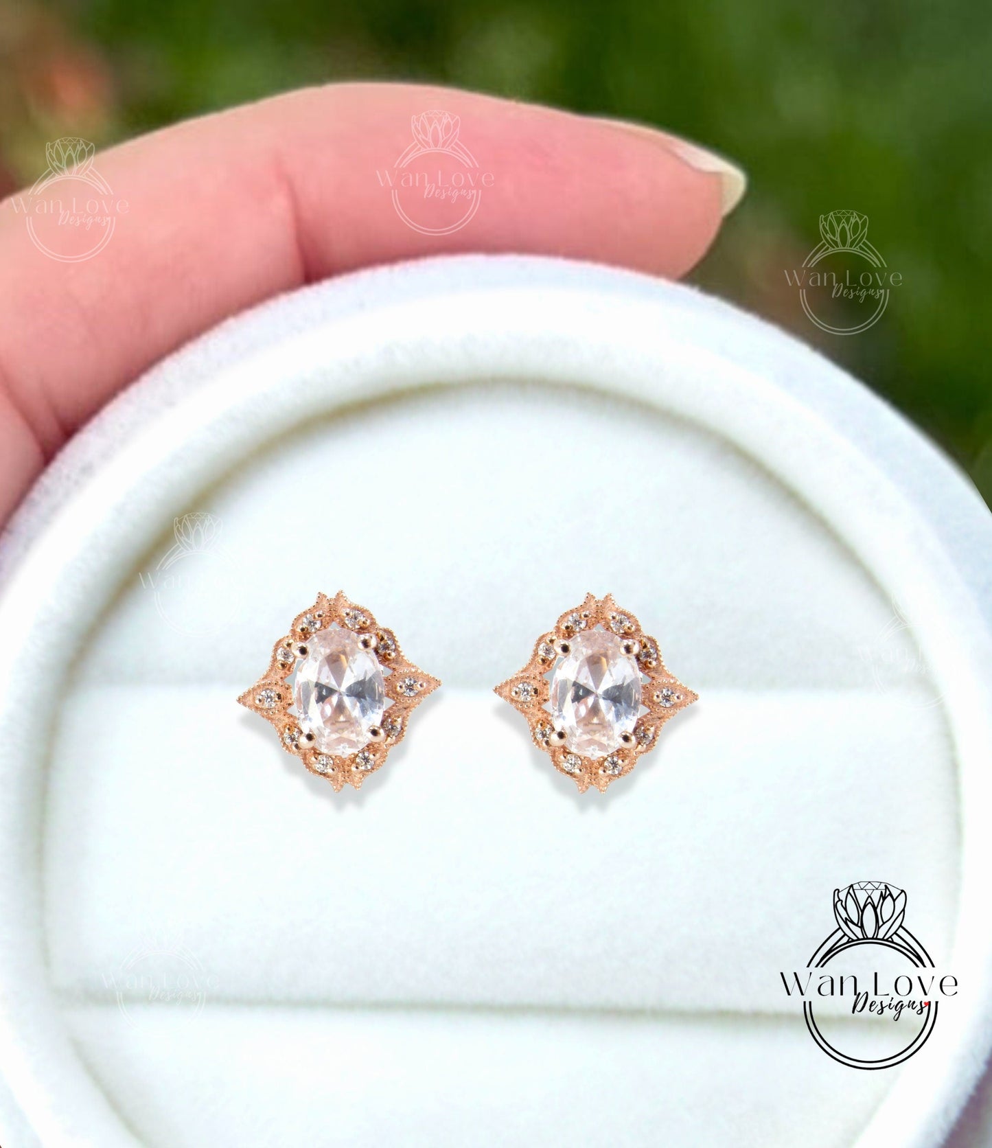 Art deco White Sapphire halo Earrings Unique vintage Moissanite milgrain Bridal studs Oval cut floral Wedding Day Anniversary jewelry gift Wan Love Designs