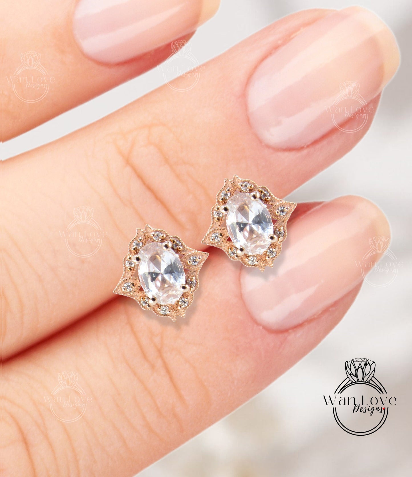 Art deco White Sapphire halo Earrings Unique vintage Moissanite milgrain Bridal studs Oval cut floral Wedding Day Anniversary jewelry gift Wan Love Designs