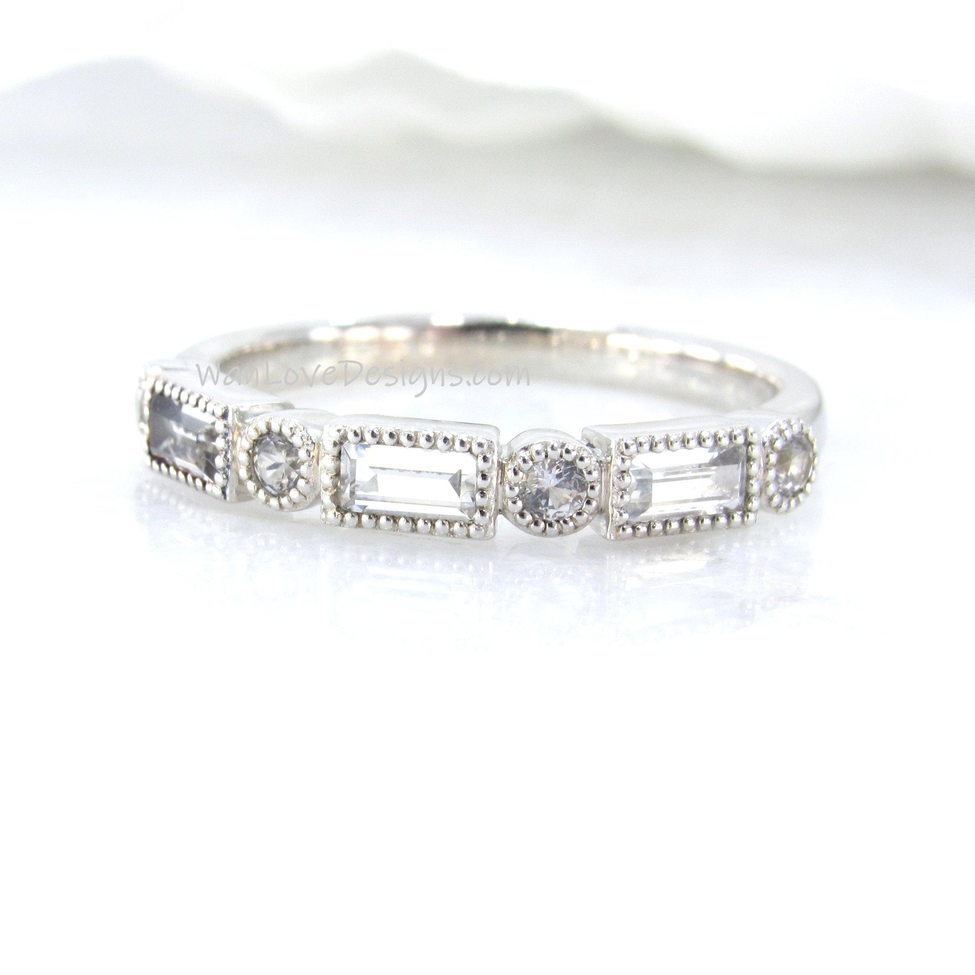 Art deco baguette shape White Sapphire wedding band vintage milgrain band round cut stacking matching band anniversary bridal band, Ready Wan Love Designs