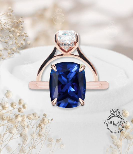 Art deco elongated cushion cut Blue Sapphire engagement ring rose gold ring diamond hidden side halo ring anniversary promise bridal ring Wan Love Designs