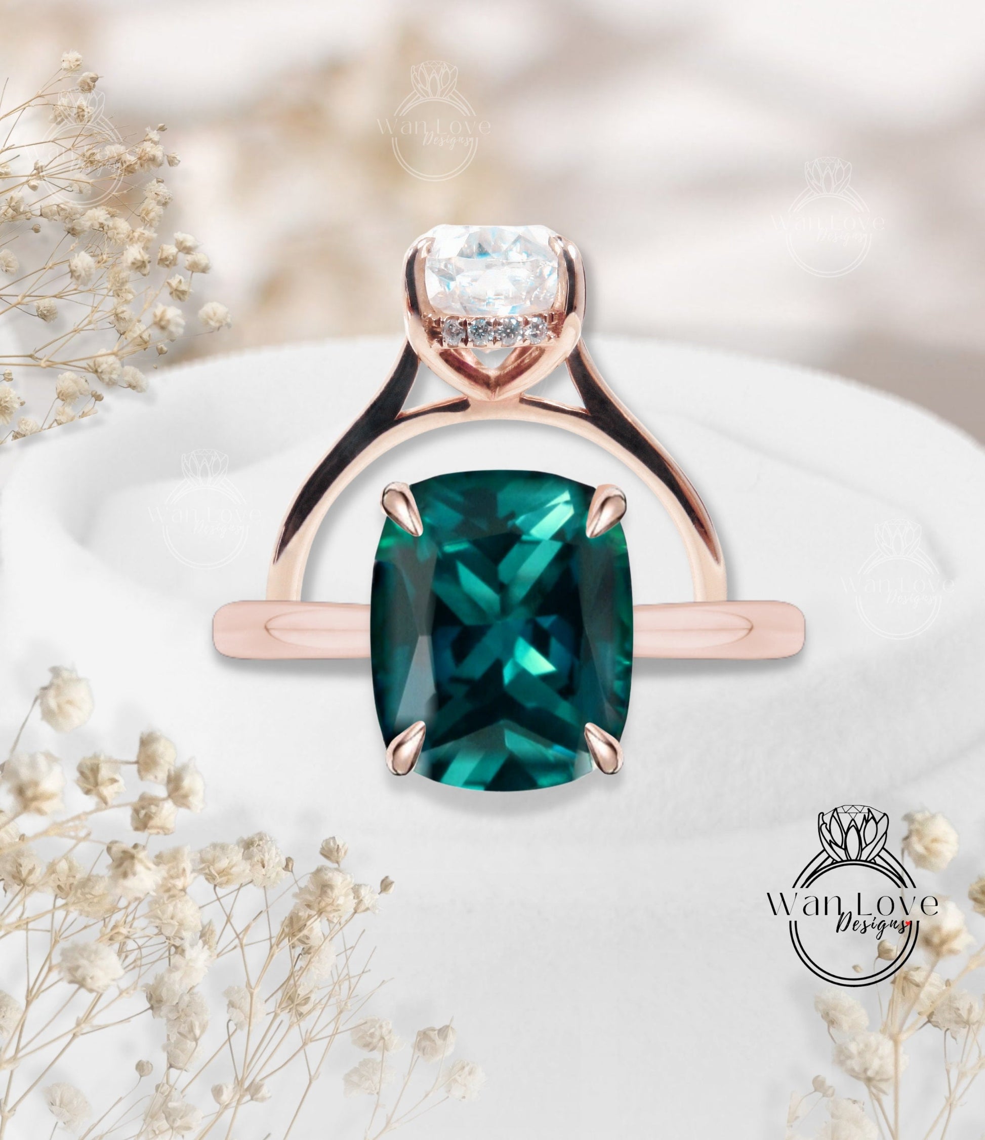 Art deco elongated cushion cut emerald engagement ring rose gold ring diamond hidden side halo ring anniversary promise bridal ring gift Wan Love Designs