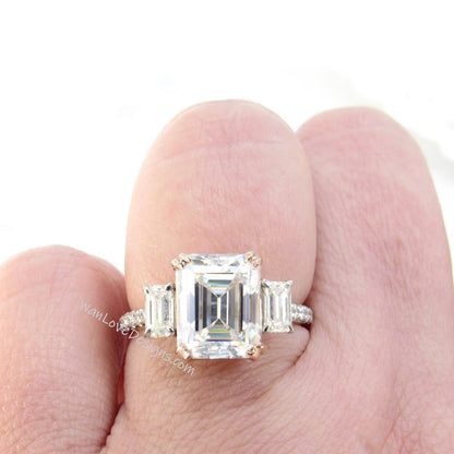 Art deco emerald cut Lab Diamond engagement ring round baguette cut 3 gem stone ring rose gold cluster ring anniversary promise bridal ring Wan Love Designs