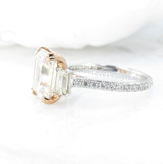 Art deco emerald cut Moissanite engagement ring round & baguette cut 3 gem stone ring rose gold cluster ring anniversary promise bridal ring Wan Love Designs