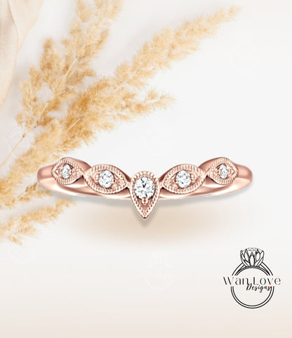 Art deco wedding band Rose gold Vintage curved diamond ring antique Marquise Milgrain bridal matching leaf band anniversary promise ring Wan Love Designs