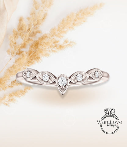 Art deco wedding band Rose gold Vintage curved diamond ring antique Marquise Milgrain bridal matching leaf band anniversary promise ring Wan Love Designs