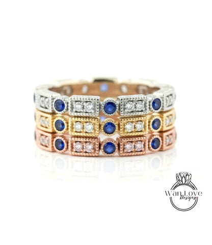 Art Deco Sapphire Diamond Wedding Band/ Matching Band/ Full Eternity Stacking Ring/ Handmade Ring For Her/ Vintage Wedding Band/ Gift Ring
