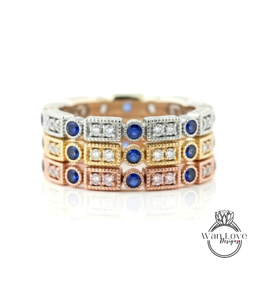 Fede nuziale con diamanti in zaffiro Art Deco/ Fascia abbinata/ Anello impilabile per l'eternità completa/ Anello fatto a mano per lei/ Fede nuziale vintage/ Anello regalo