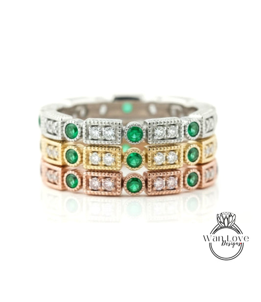 Fede nuziale con diamanti in zaffiro Art Deco/ Fascia abbinata/ Anello impilabile per l'eternità completa/ Anello fatto a mano per lei/ Fede nuziale vintage/ Anello regalo