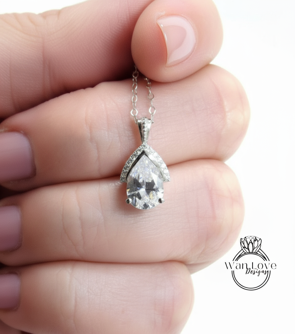 Pear & Diamond Semi Bezel Halo Moissanite Pendant Necklace 14k Gold, Half Halo Pear Cut Pendent, Solitaire Pendent, Women's Semi Bezel Necklace, Holiday Gift