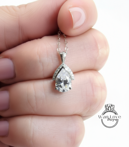 Pear & Diamond Semi Bezel Halo Moissanite Pendant Necklace 14k Gold, Half Halo Pear Cut Pendent, Solitaire Pendent, Women's Semi Bezel Necklace, Holiday Gift