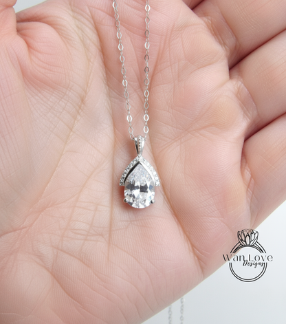 Pear & Diamond Semi Bezel Halo Moissanite Pendant Necklace 14k Gold, Half Halo Pear Cut Pendent, Solitaire Pendent, Women's Semi Bezel Necklace, Holiday Gift