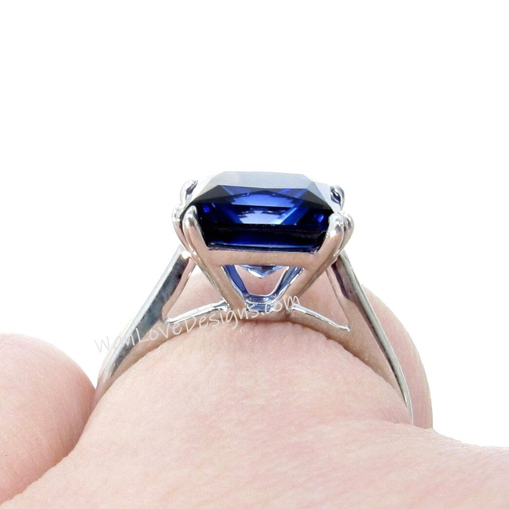 Asscher Blue Sapphire Double Prong Engagement Ring Solitaire 14k 18k White Yellow Rose Gold-Platinum-Custom-Wedding,WanLoveDesigns Wan Love Designs