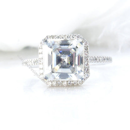 Asscher Moissanite Diamond Halo Engagement Ring art deco white gold octagon halo Bridal Ring womans promise Anniversary Ring Proposal Ring Wan Love Designs