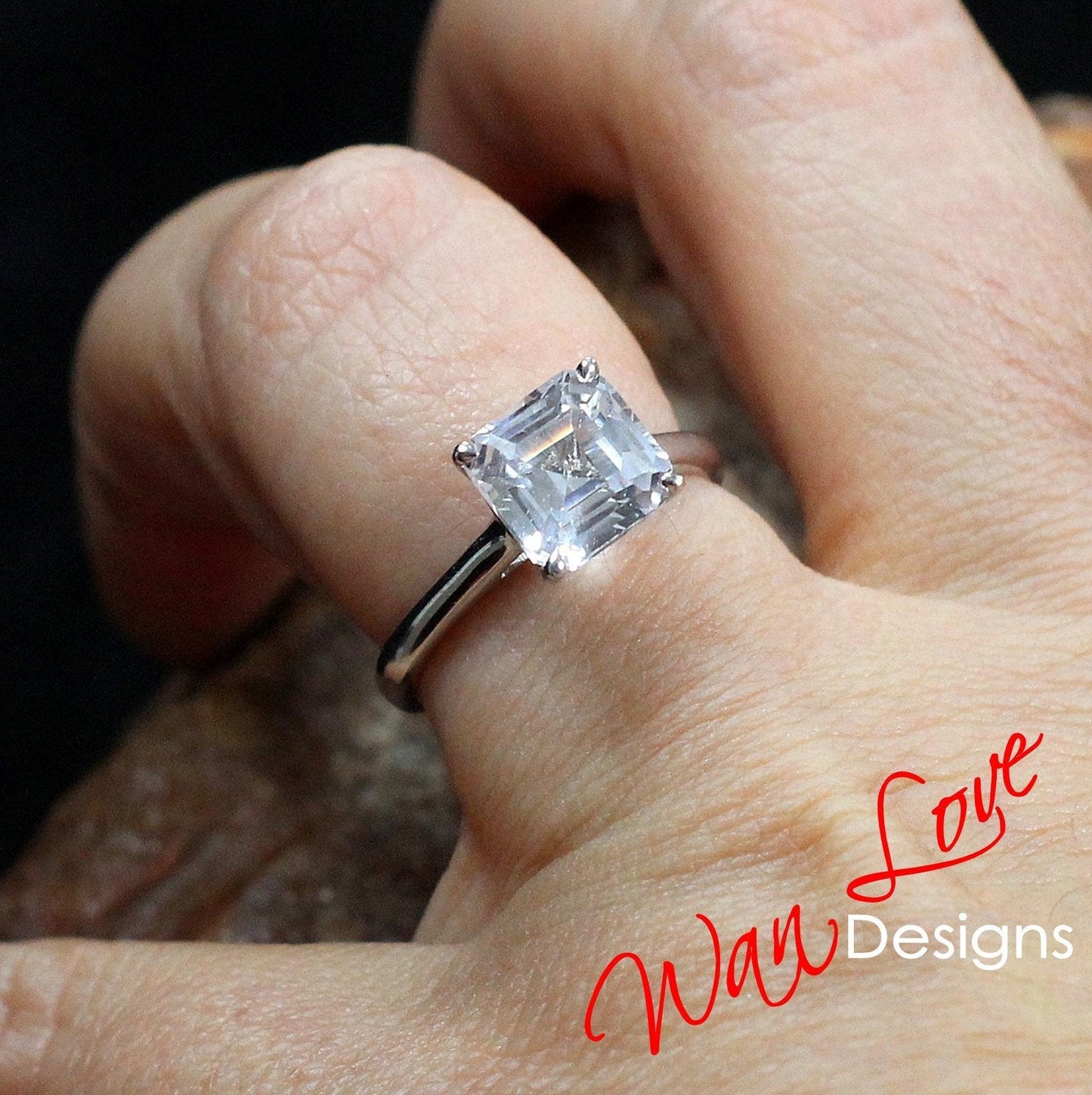 Asscher White Sapphire Engagement Ring, 4 Prong, Solitaire, 2.5 3 ct, 8mm, 925 Silver w Rhodium, Wedding, Anniversary, Ready to Ship Wan Love Designs