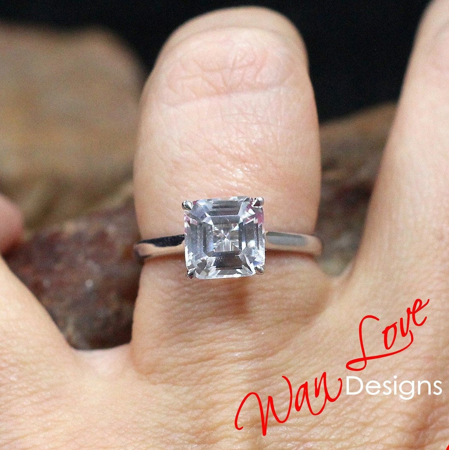 Asscher White Sapphire Engagement Ring, 4 Prong, Solitaire, 2.5 3 ct, 8mm, 925 Silver w Rhodium, Wedding, Anniversary, Ready to Ship Wan Love Designs