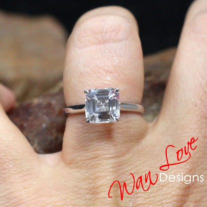 Asscher White Sapphire Engagement Ring, 4 Prong, Solitaire, 2.5 3 ct, 8mm, 925 Silver w Rhodium, Wedding, Anniversary, Ready to Ship Wan Love Designs