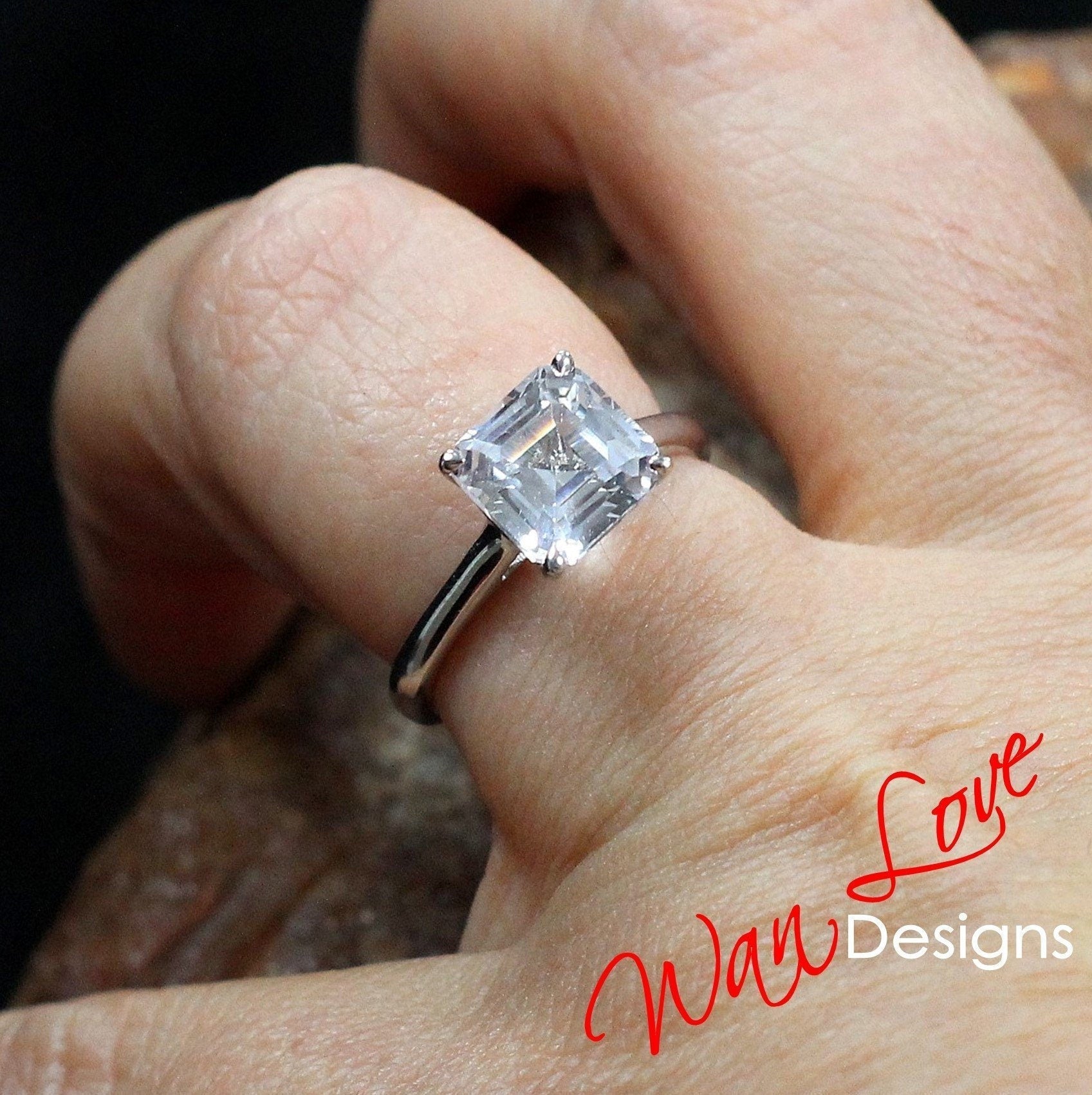 Asscher White Sapphire Engagement Ring, 4 Prong, Solitaire, 2.5 3 ct, 8mm, 925 Silver w Rhodium, Wedding, Anniversary, Ready to Ship Wan Love Designs