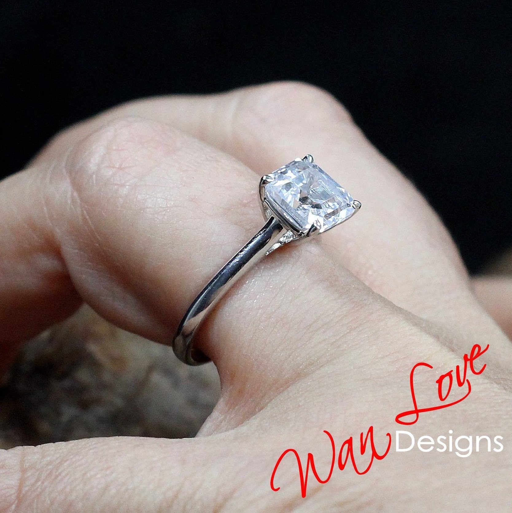 Asscher White Sapphire Engagement Ring, 4 Prong, Solitaire, 2.5 3 ct, 8mm, 925 Silver w Rhodium, Wedding, Anniversary, Ready to Ship Wan Love Designs