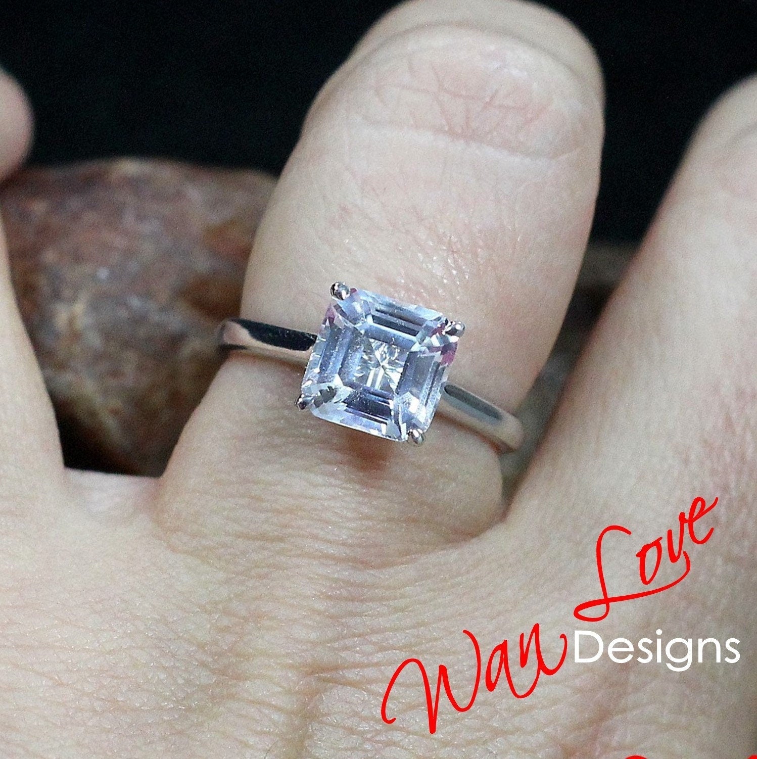 Asscher White Sapphire Engagement Ring, 4 Prong, Solitaire, 2.5 3 ct, 8mm, 925 Silver w Rhodium, Wedding, Anniversary, Ready to Ship Wan Love Designs