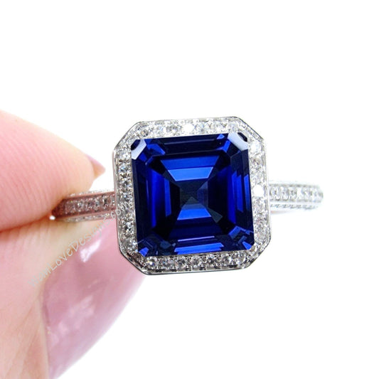 Asscher cut Blue Sapphire engagement ring gold Vintage Celebrity Style engagement ring women Unique Almost eternity Bridal Anniversary gift Wan Love Designs