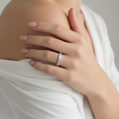 Set di canali Baguette con zaffiro bianco Fede nuziale Fede nuziale Fede nuziale personalizzata in oro bianco Anello di promessa Regalo di anniversario, Pronto per la spedizione