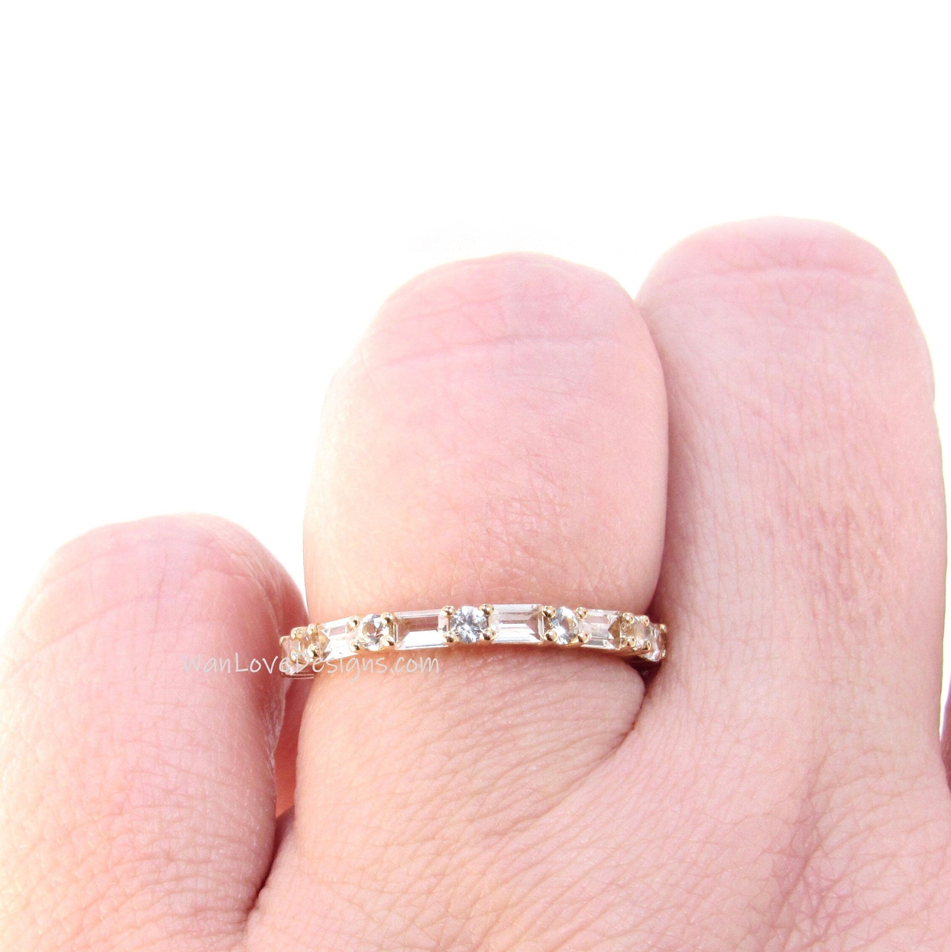 Baguette Round Almost Eternity Ring • Diamond 3/4 Eternity Ring • Dash Dot Engagement Ring in Rose Gold • Moissanite Matching Wedding Band Wan Love Designs