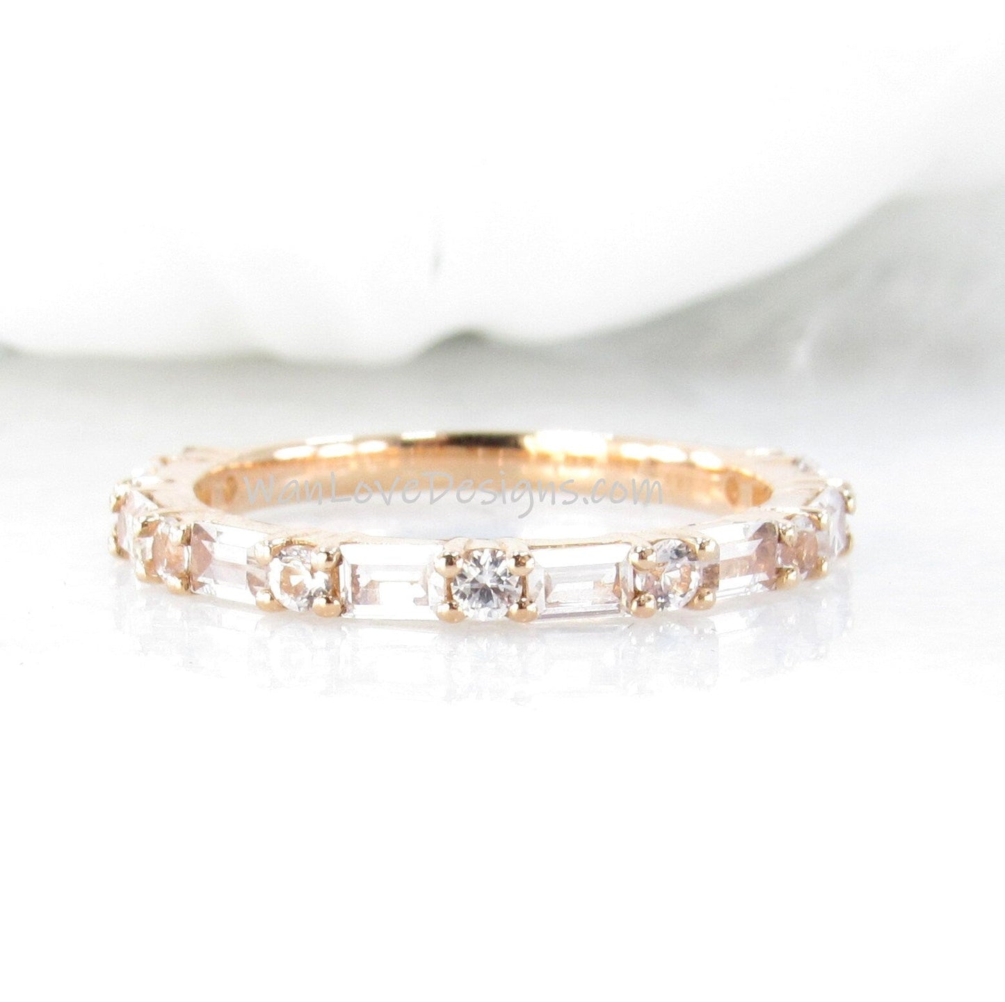 Baguette Round Almost Eternity Ring • Diamond 3/4 Eternity Ring • Dash Dot Engagement Ring in Rose Gold • Moissanite Matching Wedding Band Wan Love Designs
