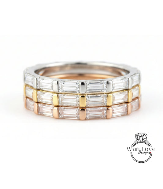 Anello Baguette Almost Eternity • Anello Eternity con diamanti 3/4 • Anello di fidanzamento minimalista in oro rosa • Fede nuziale abbinata in Moissanite