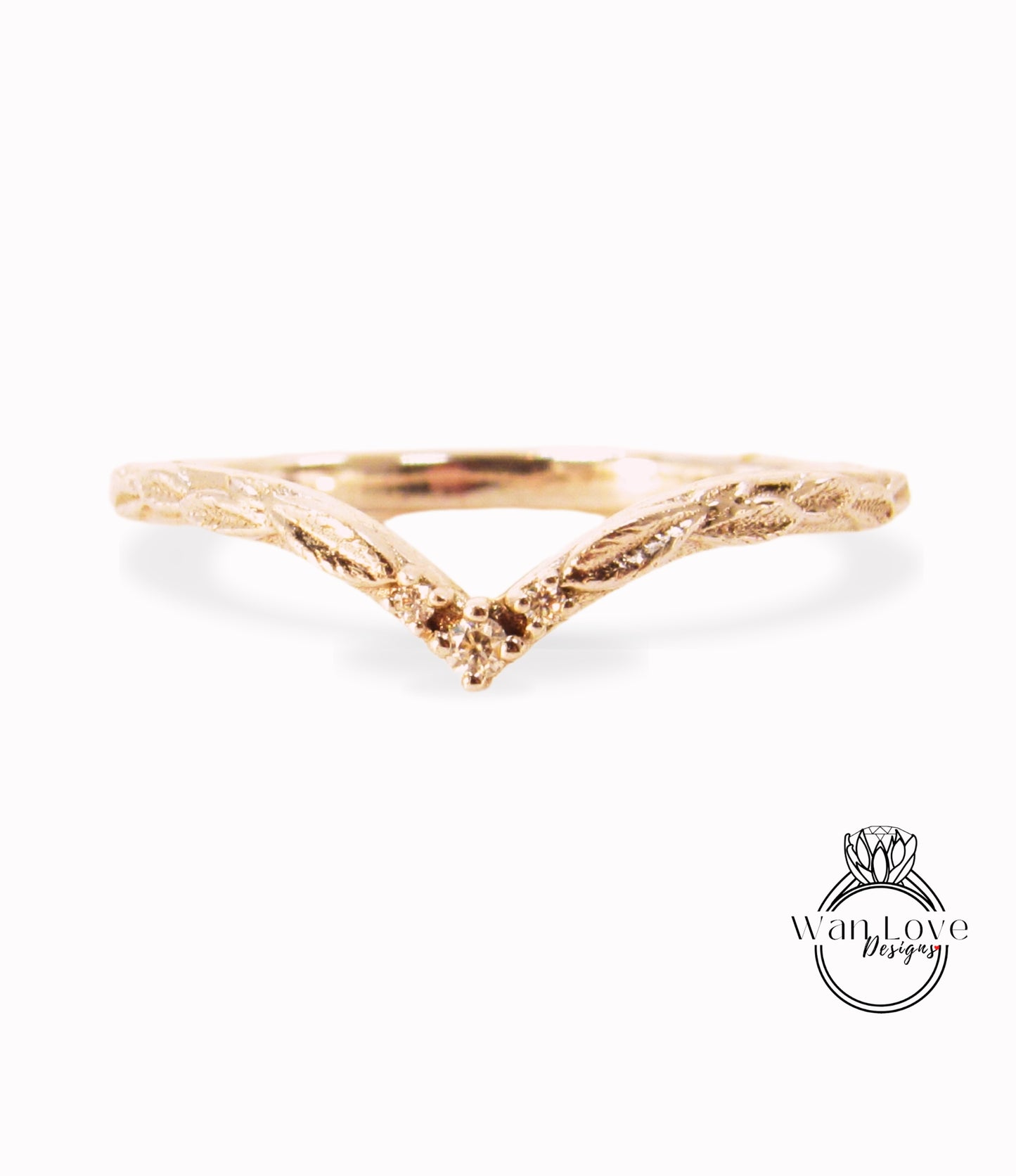 Fede nuziale con diamante a foglia curva Chevron V, anello con foglia di diamante, fede nuziale in oro 14k, fede nuziale con contorno di foglie naturali, gioielli da sposa