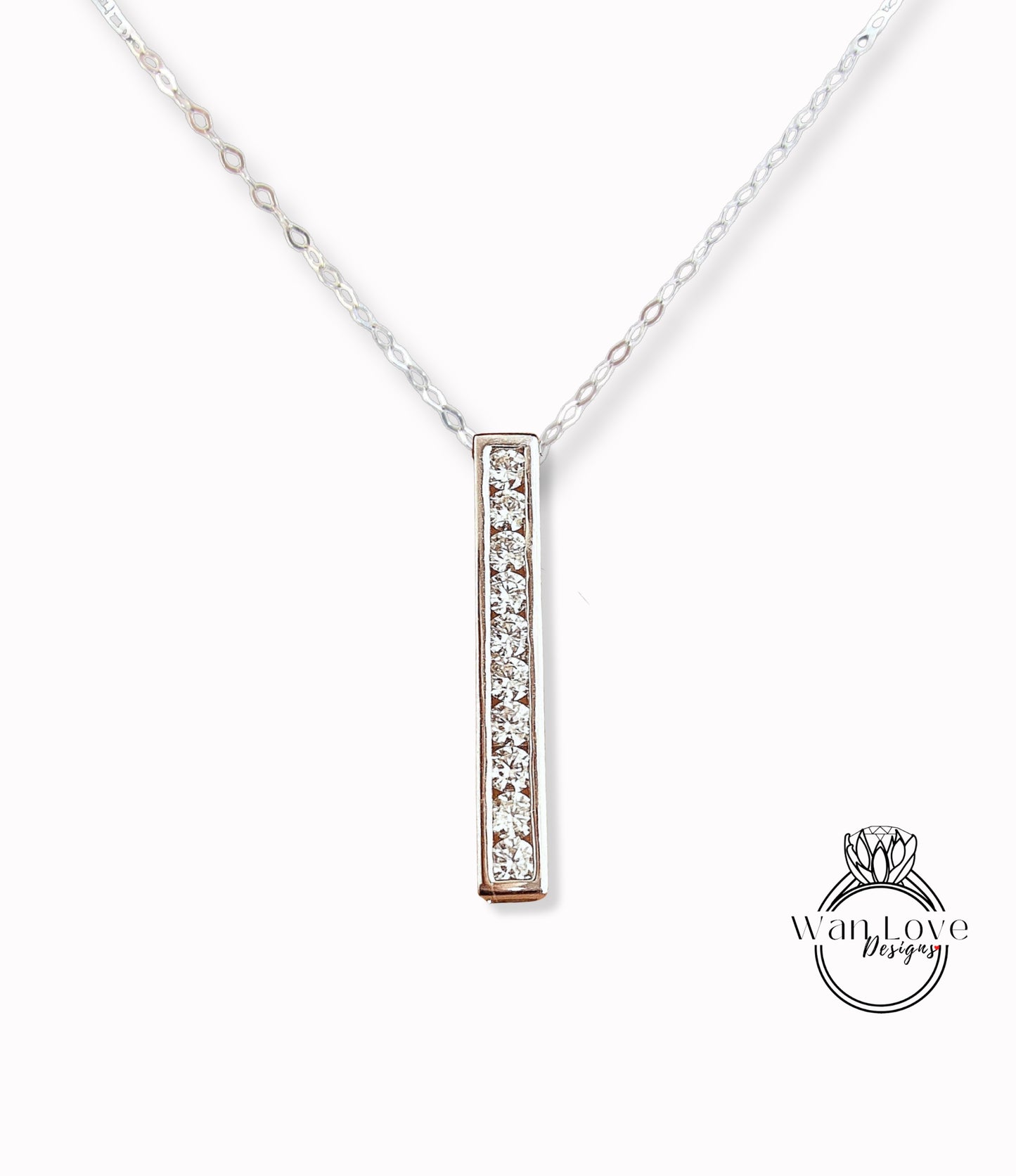 Moissanite Bar Necklace 2 Way Vertical Horizontal Round 10 gem Charm & Chain, White Gold, Custom, Wedding, Anniversary Gift, Ready to Ship