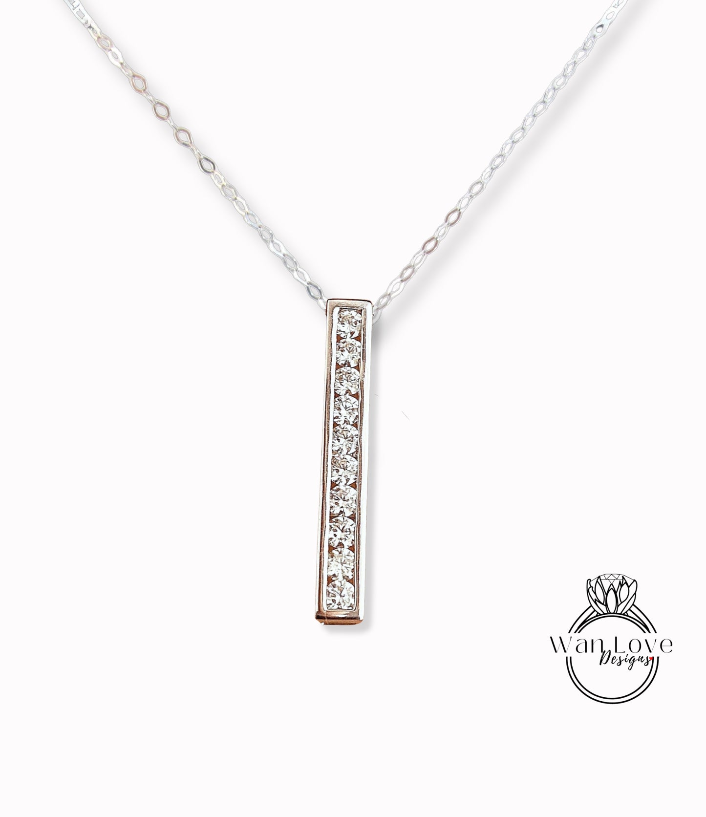 Moissanite Bar Necklace 2 Way Vertical Horizontal Round 10 gem Charm & Chain, White Gold, Custom, Wedding, Anniversary Gift, Ready to Ship