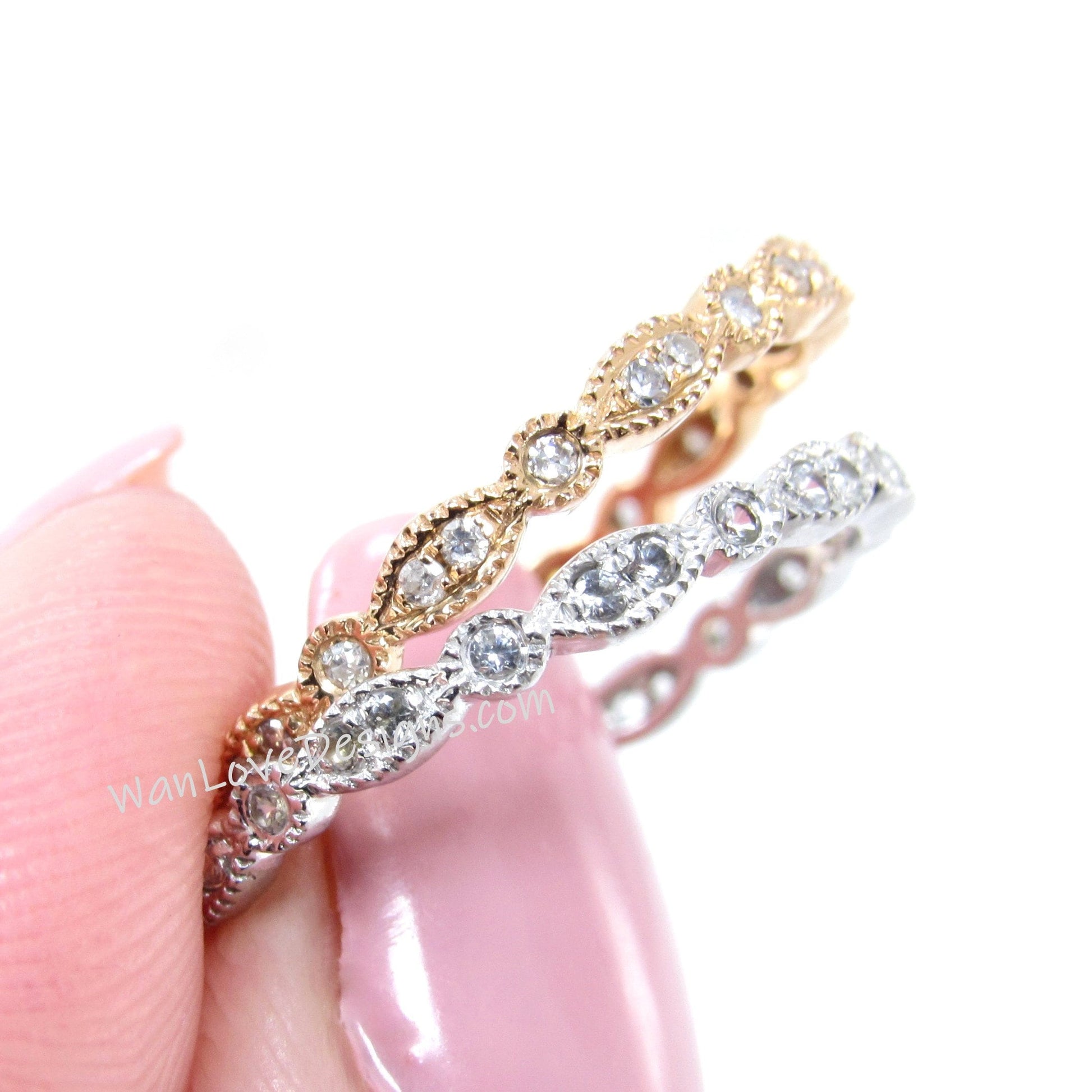 Birthstone Diamond Moissanite Sapphire Wedding Band Milgrain Full Eternity Leaf scallop Ring,Custom,14k 18k Gold,Platinum,Anniversary Wan Love Designs