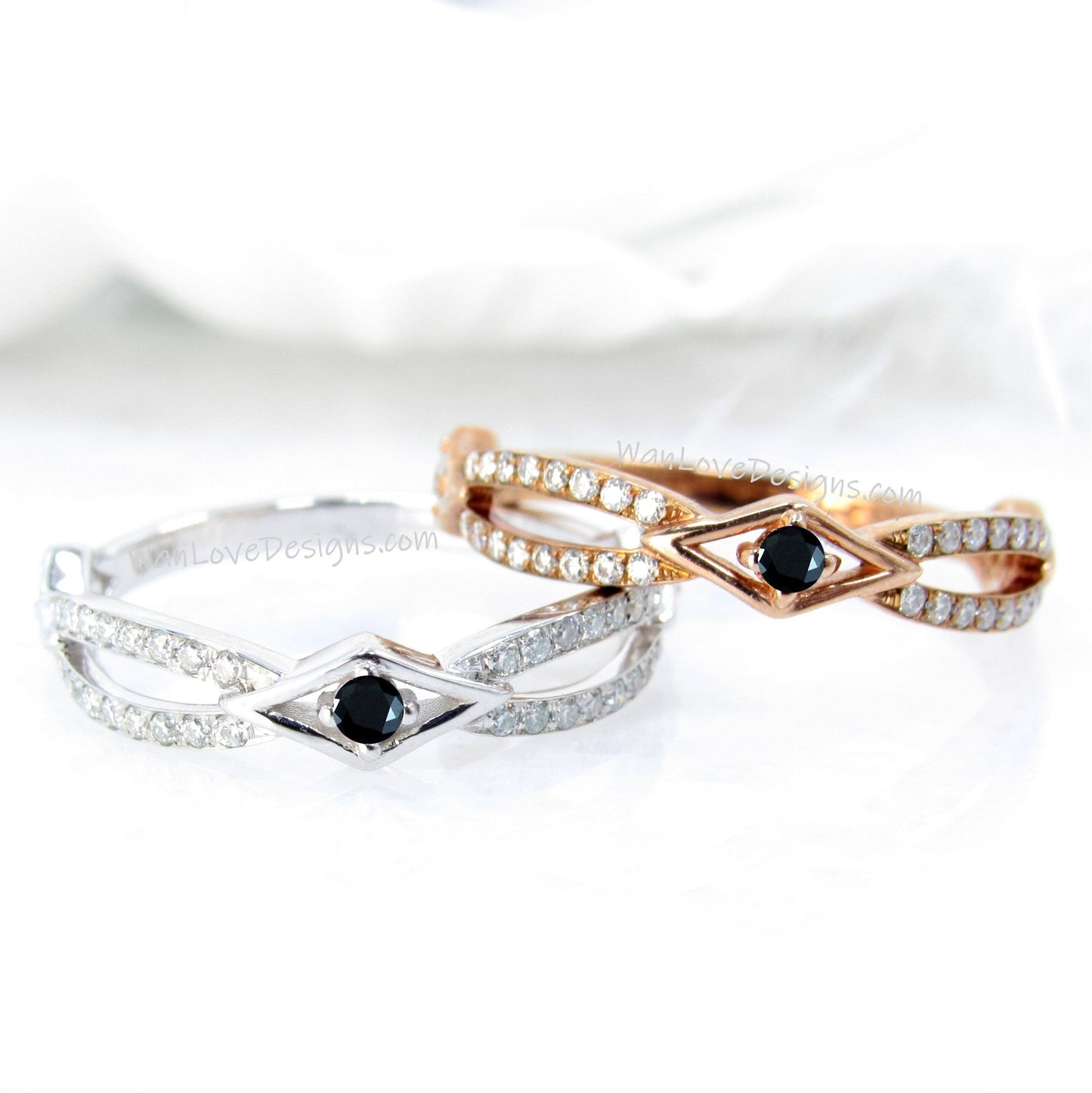 Black Diamond Art Deco Split Shank Wedding Band, Diamond Geometric Wedding Ring, Round 18k Rose Gold Wedding Band, Custom Birthstone Rings Wan Love Designs