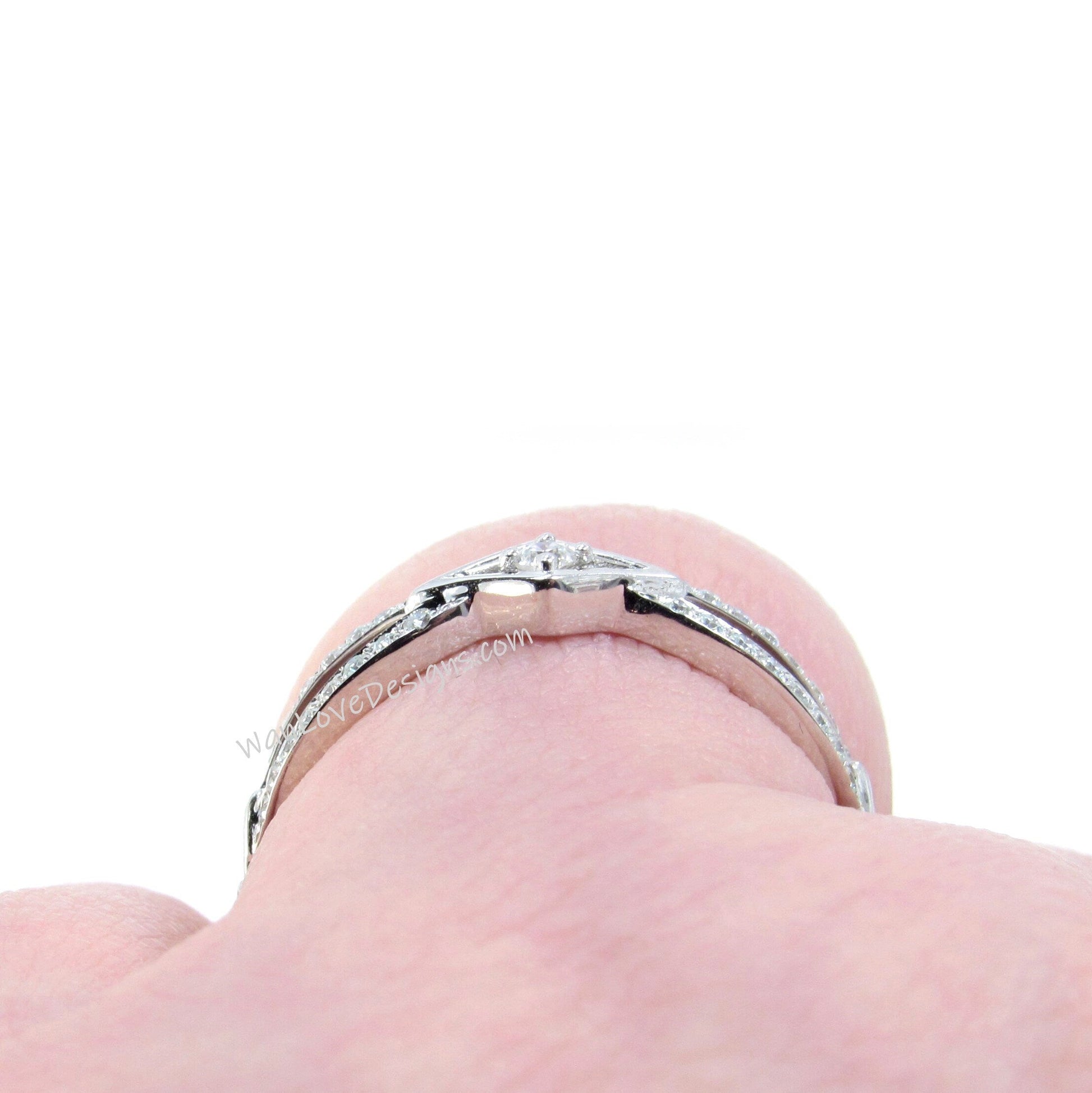 Black Diamond Art Deco Split Shank Wedding Band, Diamond Geometric Wedding Ring, Round 18k Rose Gold Wedding Band, Custom Birthstone Rings Wan Love Designs