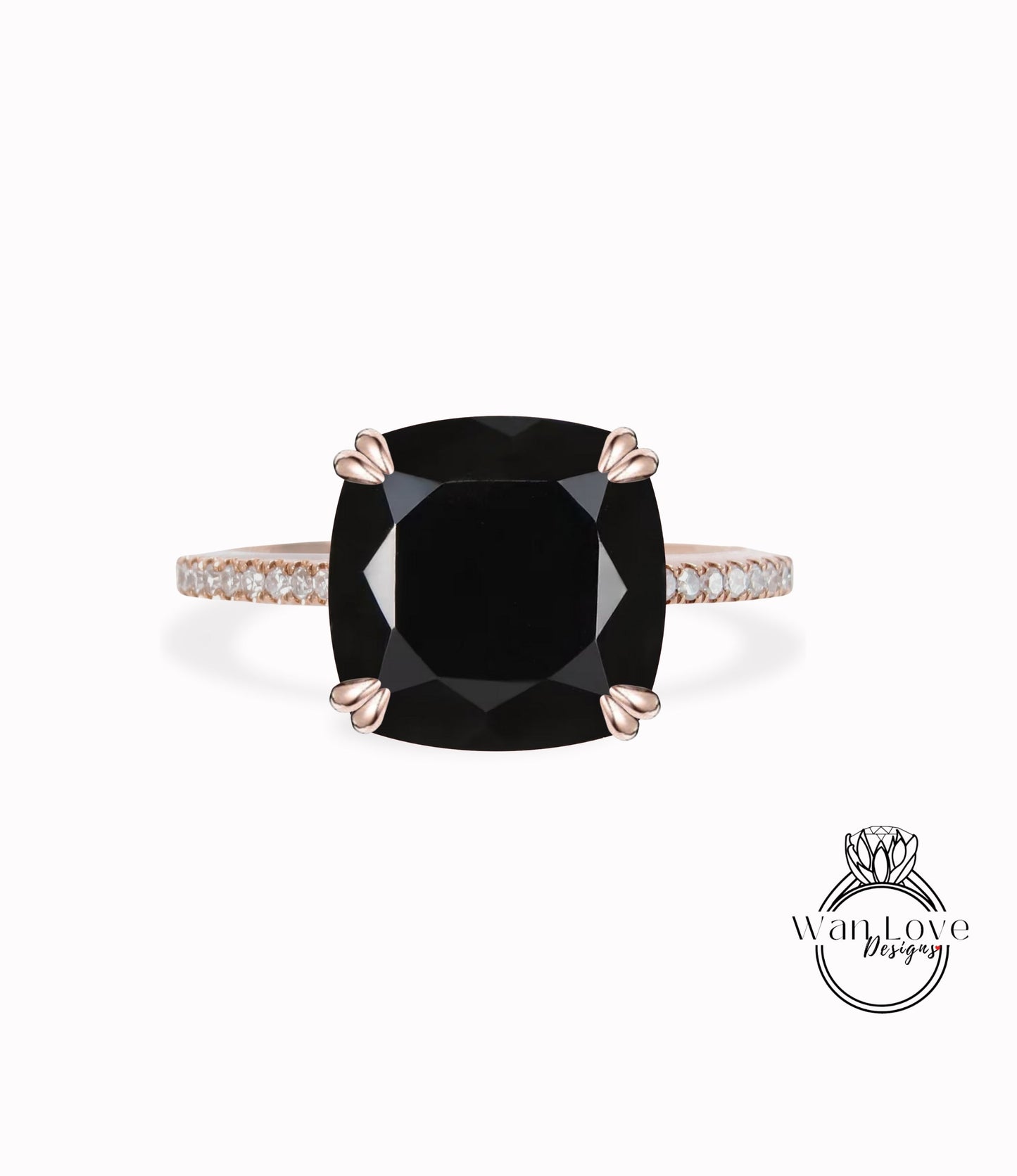 Black Moissanite & Diamond Cushion cut Engagement Ring Art Deco rose gold Cushion Ring wedding bridal promise Anniversary ring Wan Love Designs