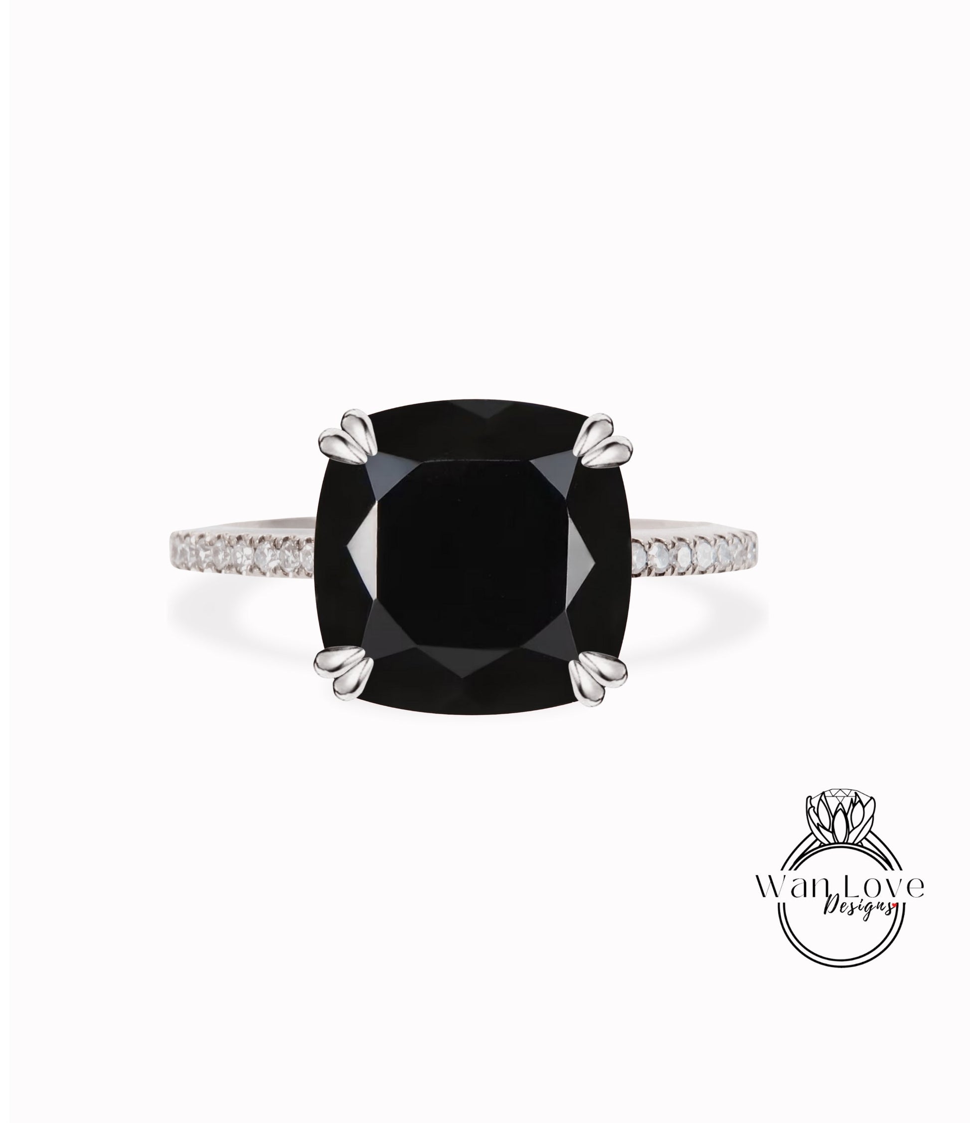 Black Moissanite & Diamond Cushion cut Engagement Ring Art Deco rose gold Cushion Ring wedding bridal promise Anniversary ring Wan Love Designs