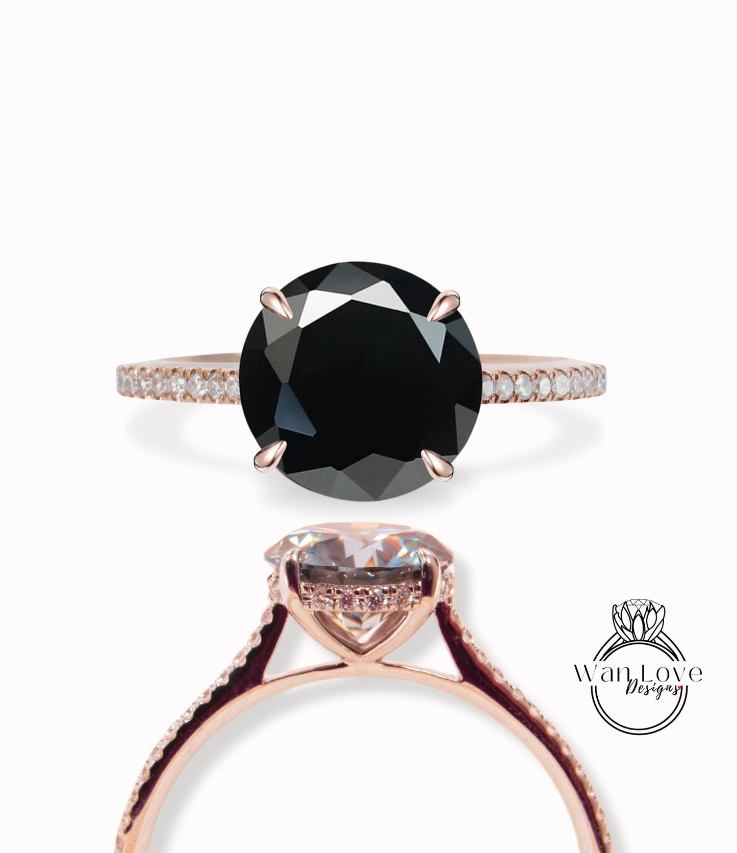 Black Moissanite Diamond Thin Side Halo Round Engagement Ring Almost eternity ring diamond hidden halo Bridal Anniversary promise Ring gift Wan Love Designs