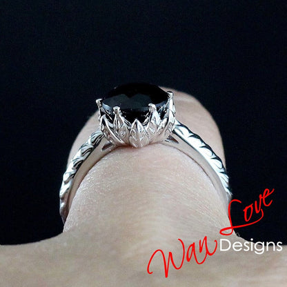 Black Moissanite Round cut engagement ring vintage Lotus Flower engagement ring woman nature leaf ring Unique Bridal ring Anniversary gift Wan Love Designs
