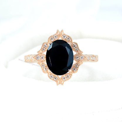 Black Oval Spinel Diamond Ring, Floral Diamond Ring with Spinel, Spinel Milgrain Ring, Black Engagement Ring, Custom, WanLoveDesigns Wan Love Designs