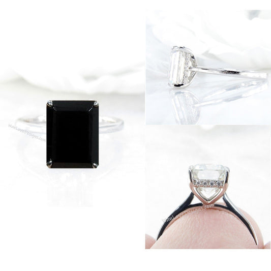 Black Spinel 14kt 18kt Solid Gold Emerald Diamond Dainty Minimalist Pave Rim Engagement Ring, WanLoveDesigns Wan Love Designs