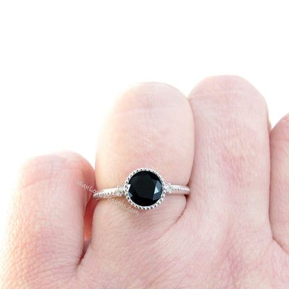 Black Spinel Bezel Round Diamond Art Deco Vintage 3 gemstone WITH Milgrain Engagement Ring,WanLoveDesigns Wan Love Designs