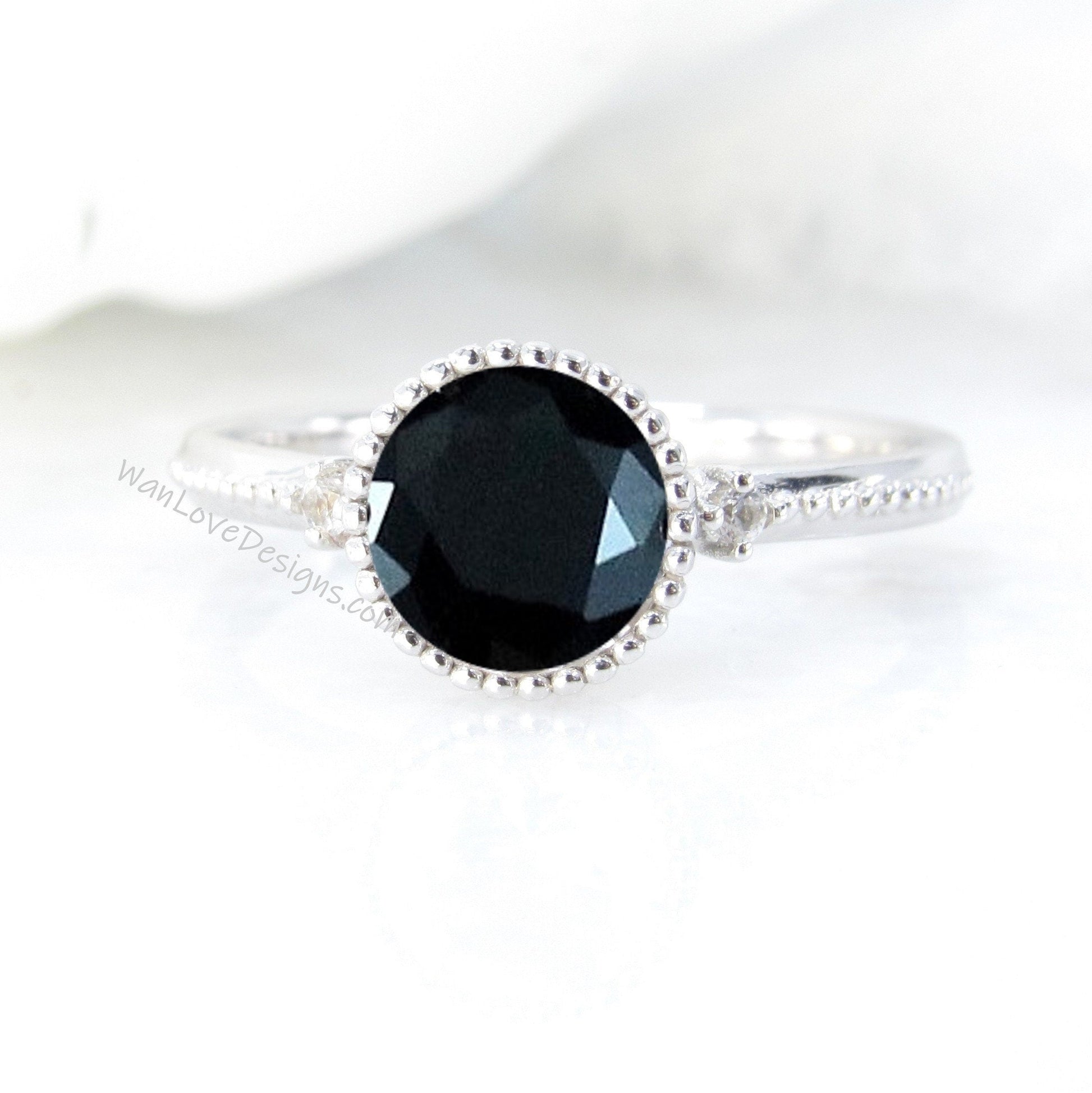 Black Spinel Bezel Round Diamond Art Deco Vintage 3 gemstone WITH Milgrain Engagement Ring,WanLoveDesigns Wan Love Designs