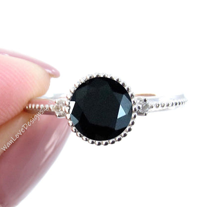 Black Spinel Bezel Round Diamond Art Deco Vintage 3 gemstone WITH Milgrain Engagement Ring,WanLoveDesigns Wan Love Designs