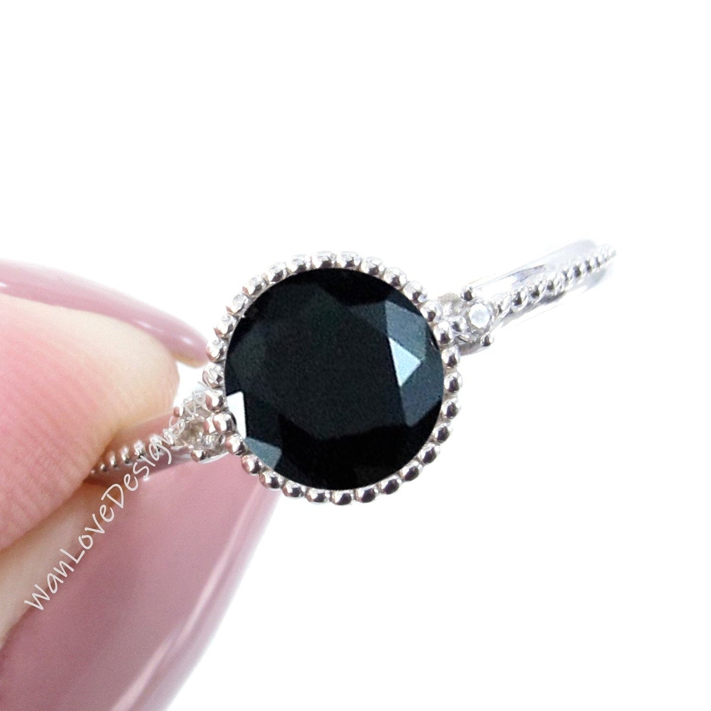 Black Spinel Bezel Round Diamond Art Deco Vintage 3 gemstone WITH Milgrain Engagement Ring,WanLoveDesigns Wan Love Designs