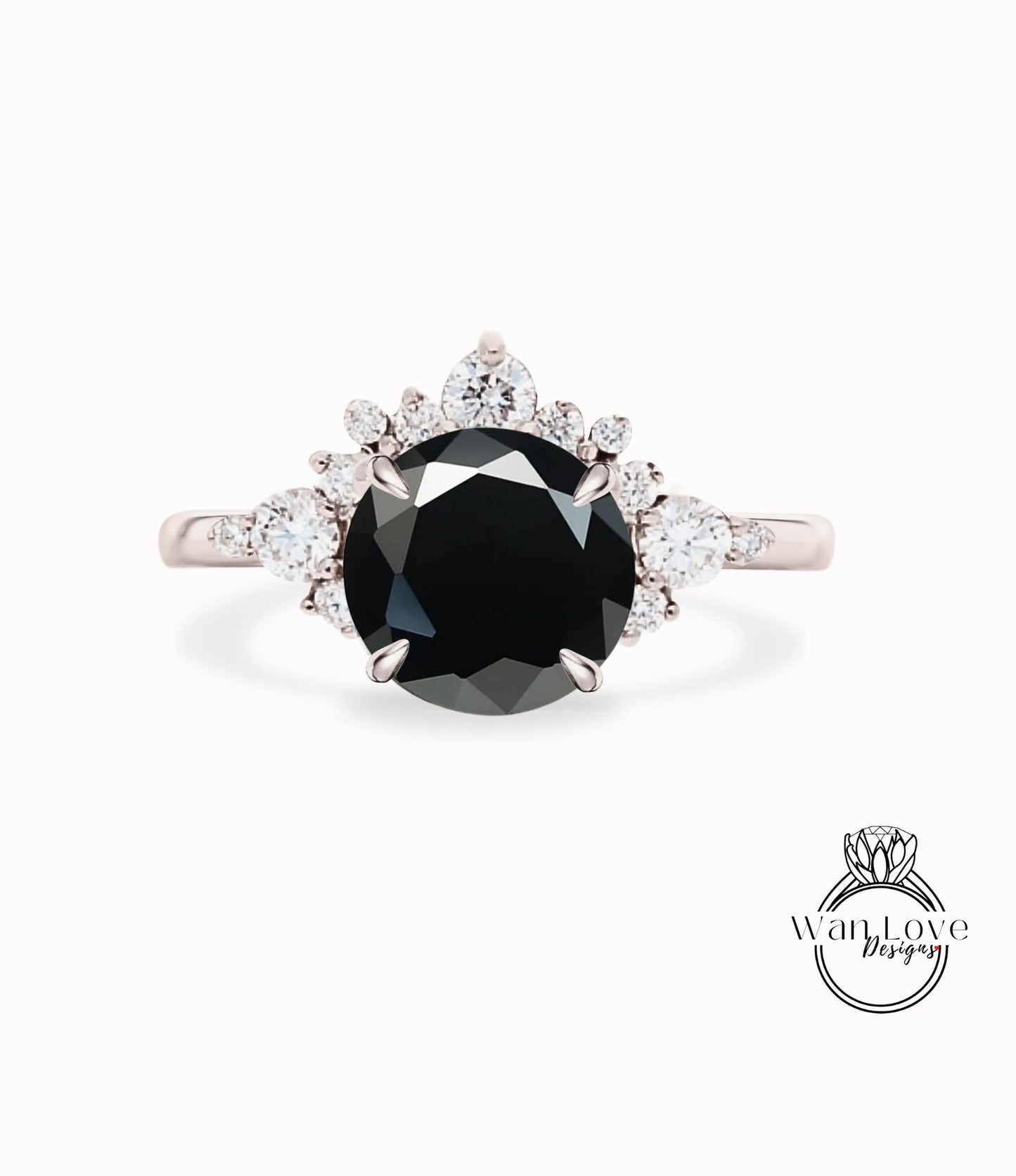 Black Spinel Cluster Half Halo engagement ring Diamonds Unique cluster White Rose Gold Ring woman Promise Anniversary Gift Wan Love Designs