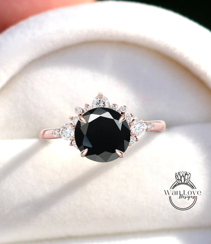 Black Spinel Cluster Half Halo engagement ring Diamonds Unique cluster White Rose Gold Ring woman Promise Anniversary Gift Wan Love Designs