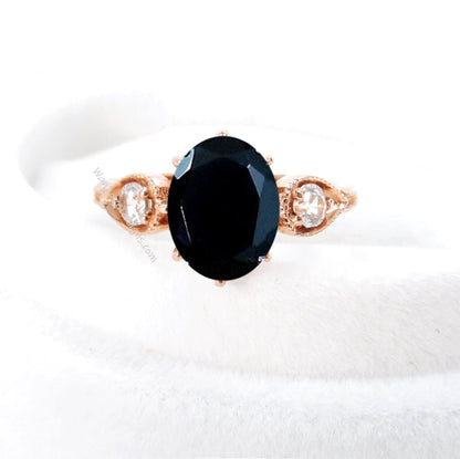 Black Spinel Diamond 3 Gem Oval Round Pear Bezel Milgrain 8 prong Engagement Ring,3ct,9x7mm,3mm,Custom,Wedding,14k 18k White Rose Yelow Gold Wan Love Designs