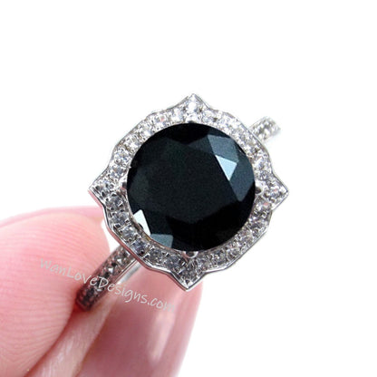 Black Spinel Diamond Antique Bezel Frame Engagement Ring Basket Vintage 14k 18k White Yellow Rose Gold-Platinum-Custom-Wedding Wan Love Designs