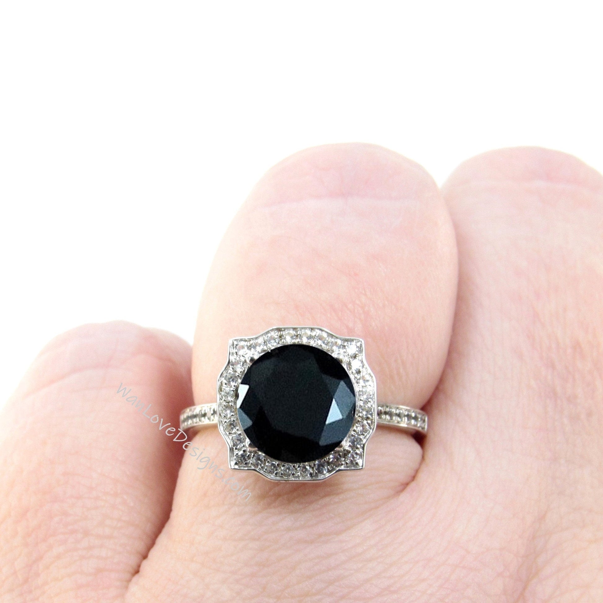 Black Spinel Diamond Antique Bezel Frame Engagement Ring Basket Vintage 14k 18k White Yellow Rose Gold-Platinum-Custom-Wedding Wan Love Designs